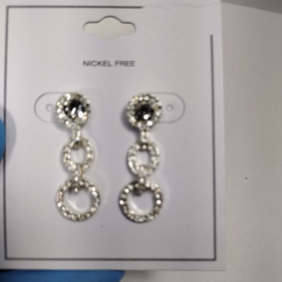 Women's Textured Silver-tone Sparkling Crystal Double Hoops Drop Dangle Earrings - Picture 5 of 6